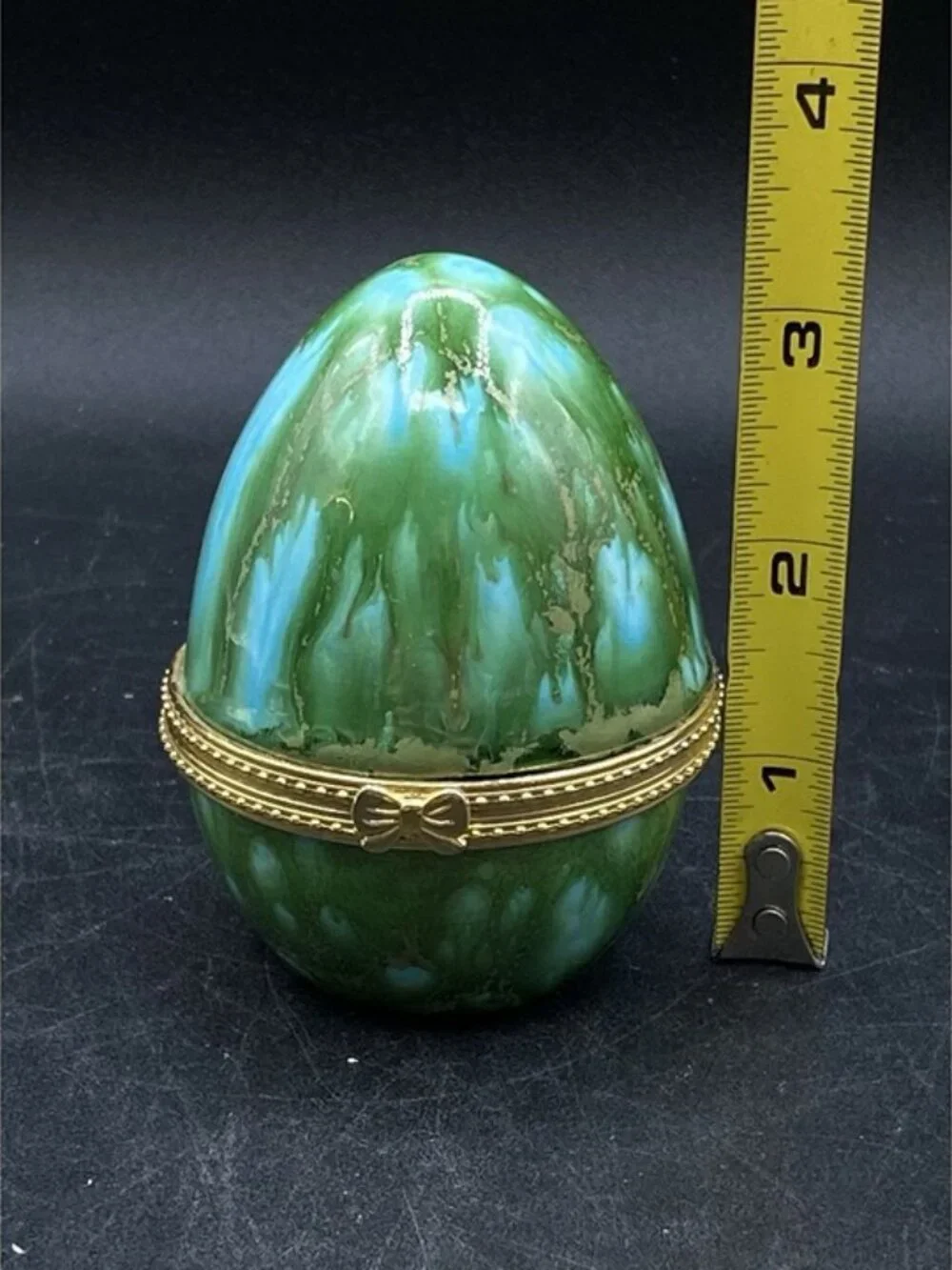 Egg Shaped Hinged Trinket Box Ceramic Vintage Green Blue Tie Dye